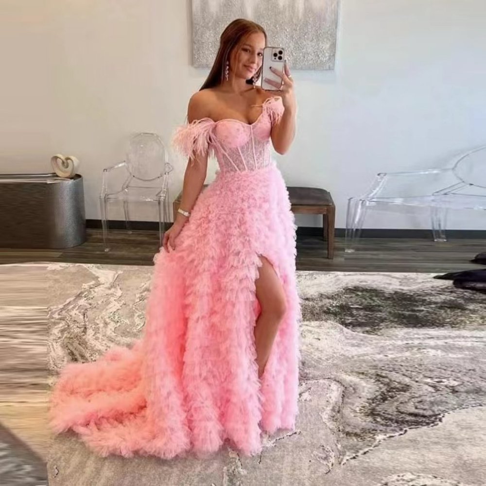 Feather Off-Shoulder A-Line Party Gown High Slit Evening Prom Dress